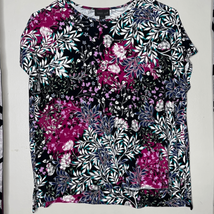 J Jill Wearever T Shirt Top Womens Large Black Pink Floral Cap Sleeve St... - $16.66