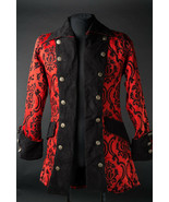 Men&#39;s Black Red Brocade Pirate Jacket Victorian Goth Vampire Officer Coat - £83.74 GBP