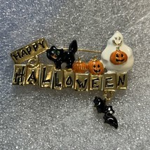 VTG Signed TC Halloween Ghost Black Cat Jack o Lanterns Happy Halloween Brooch - £15.03 GBP