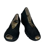 FLY LONDON YURI BLACK LEATHER PERFORATED PEEP TOE WEDGE SHOES SZ 35 / 4.5-5 - $59.39