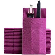 Purple Dinner Napkins Cloth Like With Built-In Flatware Pocket, Linen-Feel Absor - £39.95 GBP