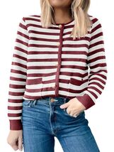 ANRABESS Women's Tweed Knit Cardigan White Red Stripe Size Small - $174.52 MXN ANRABESS Women's Tweed Knit Cardigan White Red Stripe Size Small - $174.52 MXN
