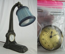 1800&#39;s antique bankers lamp BUILT IN CLOCK blue glass shade AUSTRIA GERMANY - $280.49