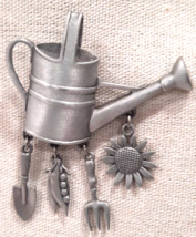 Vintage Signed JJ Pewter Watering Can Gardener&#39;s Brooch with Charms Summertime - £8.83 GBP
