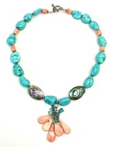 Natural Chunky Turquoise Nugget Coral Abalone Beaded Sterling Silver Necklace - £53.24 GBP