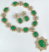 Indian Gold Plated CZ Bollywood Style Kundan Necklace Emerald Jewelry Set - £187.63 GBP