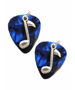 MUSICAL DARK BLUE GUITAR PICK w/ ALLOY SILVER MUSIC NOTE CHARMS PAIR OF EARRINGS - $8.49
