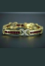 14.00Ct Princess Red Ruby &amp; Diamond Pretty Tennis Bracelet 14K Yellow Gold Over - £110.14 GBP