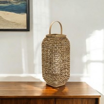 20&quot; Natural Distressed Woven Glass And Wicker Floor Lantern Candle Holder - $218.34