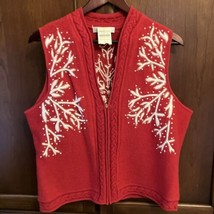 Coldwater Creek 100% Wool Red &amp; White Snowflake Zip Embroidered Sweater ... - $21.78