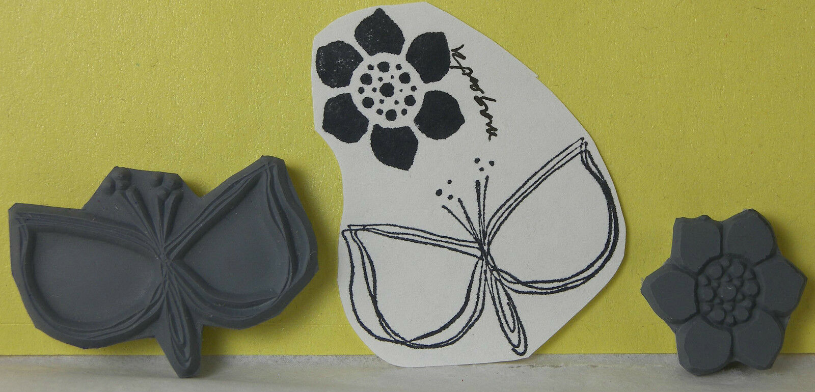 Magenta Flower & Leaves Rubber Stamp Unmounted Stylized Graphic in 2 Parts - $9.74
