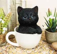 Lifelike Adorable Black Kitten Cat in White Tea Cup Pet Pal Figurine 5.7... - £23.59 GBP