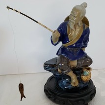 Asian Sculpted And Glazed Mudman Fishing pole and  stand 9 &quot; - £28.32 GBP