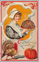 Thanksgiving Greetings~Young Colonial Woman Carrying Food~Embossed 1909 Postcard - £7.15 GBP