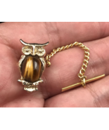 Vintage Gold Tone Jelly Belly Owl Brown Stone Tie Tack Pin w/ Chain 3/4&quot;... - £14.76 GBP