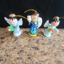 3 Wooden Angels Hanging Christmas Tree Ornaments Hand Painted Vintage Taiwan - £9.40 GBP