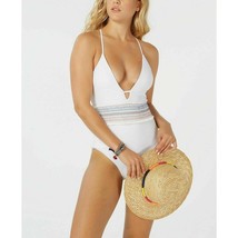 Bar III White V-Neck Smocked Waist One Piece Swimsuit Size S Multi Embroidered - £19.07 GBP