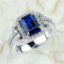 3.50 CT Emerald Cut Blue Sapphire Simulated  Ring 925 Silver Gold Plated - £100.96 GBP