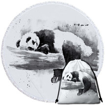 Black and White Drawing of a Cute Sleeping Panda Round Beach Towel - $14.90+