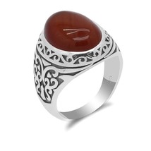 925 Sterling  Silver Man Vintage Ring with Natural Onyx Big Red Stone Rings Thai - £38.85 GBP