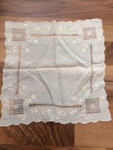 Vintage unused Ivory SILK Punched Border Embroidered Flowers Wedding hanky - £20.74 GBP