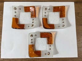 Set of Three Amber White Fused Glass Square Plate Millefiori Beads Trinket Dish - £38.55 GBP