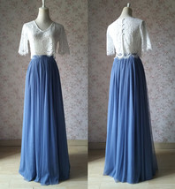 Dusty Blue Bridesmaid Dresses 2 Piece Long Tulle Skirt and Sleeve Crop Lace Top  image 1