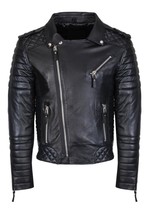 Handmade Mens Black Leather leder Quilted Jacket biker Retro harley vintage - £96.24 GBP