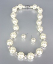 CLASSIC Creme Pearls Pave CZ Crystals Balls Necklace Earrings Set Bridal - £14.46 GBP