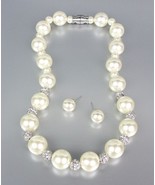 CLASSIC Creme Pearls Pave CZ Crystals Balls Necklace Earrings Set Bridal - £14.37 GBP