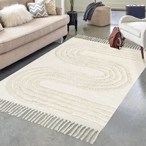 Boho Area Rug 4&#39; X 6&#39; Washable Cotton Bedroom Rug,Beige Woven Linear Tufted - £56.74 GBP