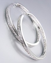 CLASSIC Thin 18kt White Gold Plated Inside Outside CZ Crystals Hoop Earrings - $42.99