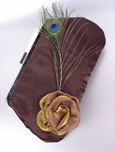 Chic Brown Satin Flower Bouquet Peacock Feather Clutch Evening Purse Bag - $12.99