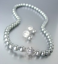 Designer Inspired Gray Pearls Magnetic Eternity Pave CZ Crystals Necklace Set - £19.51 GBP