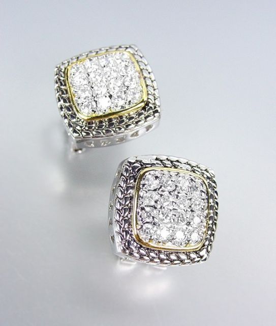 Designer Style Balinese Silver Wheat Gold Pave CZ Crystals Square Post Earrings - $25.99