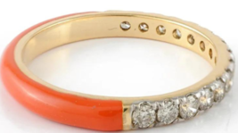 Orange Enamel Diamond Ring 14k Solid Yellow Gold Stacking Band - £717.76 GBP
