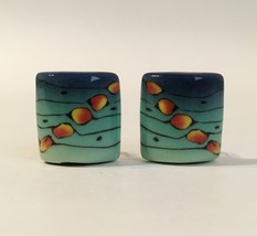 Caribbean Square Earrings Unique Millefiori Porcelain Clip On Blue Green... - £33.57 GBP