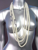 Designer Style Creme Pearls Hematite Crystals Long Layered Necklace Earrings Set - $19.99