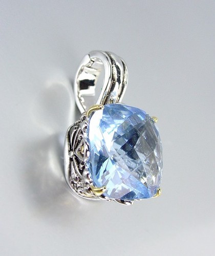 Designer Style Silver Gold Balinese Filigree Blue Topaz CZ Crystal Pendant - £21.57 GBP