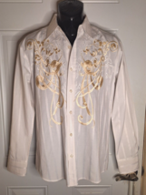 Men&#39;s Gold Embroidered Long Sleeve White Button-Down Dress Shirt Size Med - $43.69