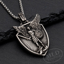 Saint St Michael Warrior Medal Stainless Steel Pendant Necklace Religious Silver - £15.17 GBP