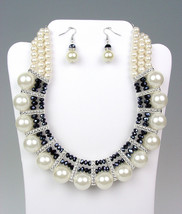 ELEGANT Dressy Creme Pearls Black Crystals Bridal Drape Necklace Earring... - £20.29 GBP