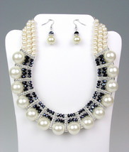 ELEGANT Dressy Creme Pearls Black Crystals Bridal Drape Necklace Earring... - £19.09 GBP