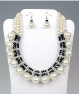 ELEGANT Dressy Creme Pearls Black Crystals Bridal Drape Necklace Earring... - £20.28 GBP