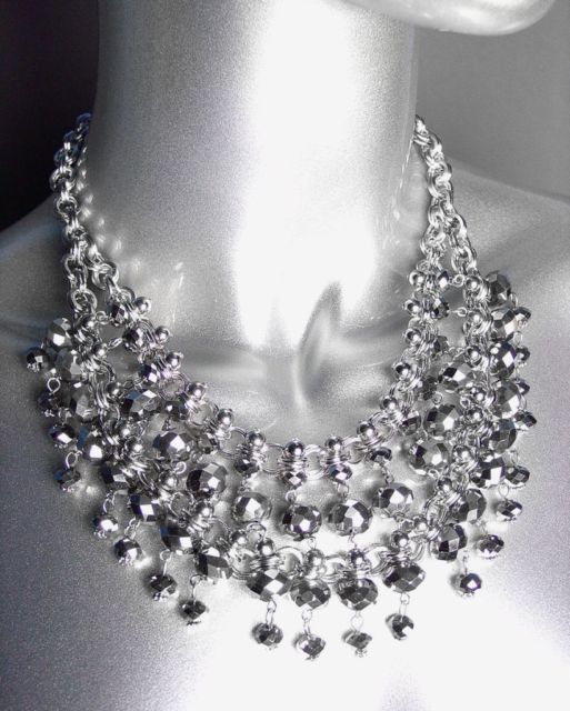 Primary image for GLITZY Smoky Silver Hematite Czech Crystals Bib Drape Necklace Set