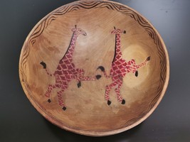 Old Vintage Large Heavy African Mahogany Wood Bowl with Giraffes Hand Carved 11&quot; - £29.60 GBP