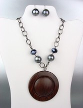 NATURAL Brown Wood Patina Medallion Marble Beads Hematite Crystals Necklace Set - $23.99