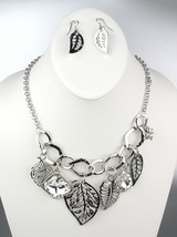 NATURAL Style Silver Metal Leaves Leaf CZ Crystals Charms Necklace Earrings Set - £15.04 GBP