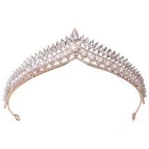 FORSEVEN  Handmade Black Crystal Pearl Crown Gold Color Tiara Women Headpeice He - £14.83 GBP