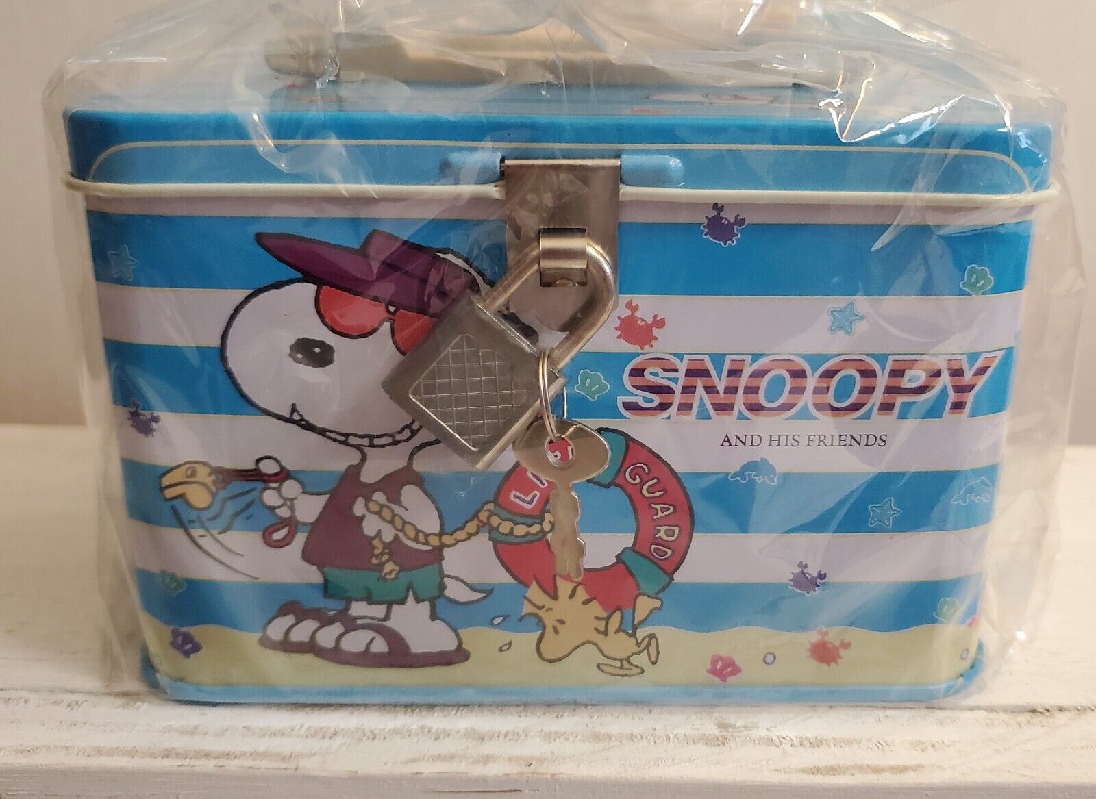 Vintage Peanuts Snoopy metal bank w/lock and key Linus beach vacation by... - $22.99